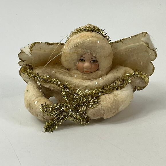 Unbranded Other - Vintage Mica Angel Ornament Gold Tinsel Star Puffy Felt Wings 3" Christmas Decor